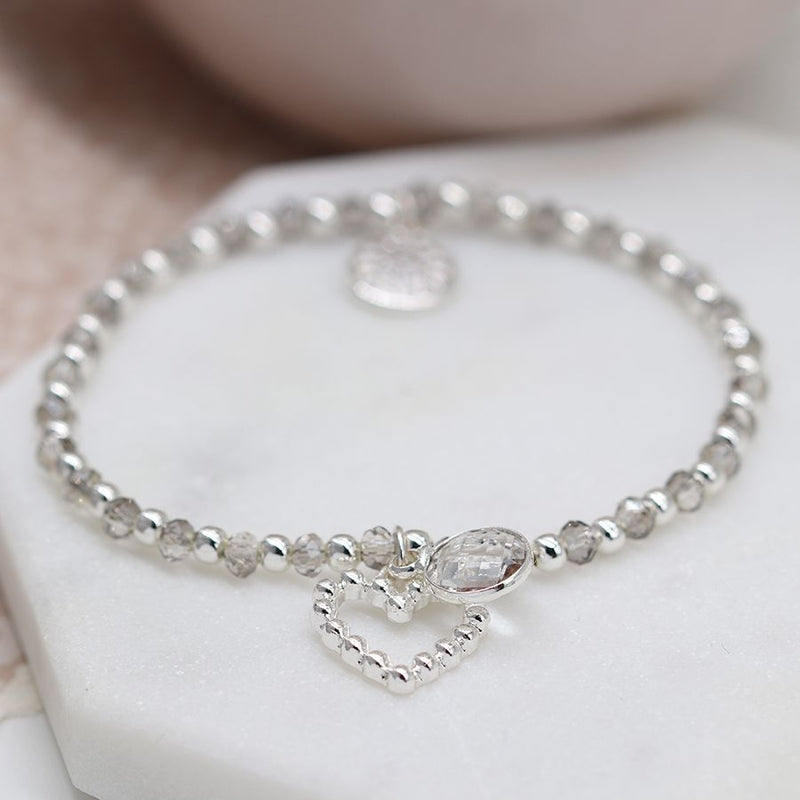 Silver & Smoky Bead Bracelet With Heart Charm