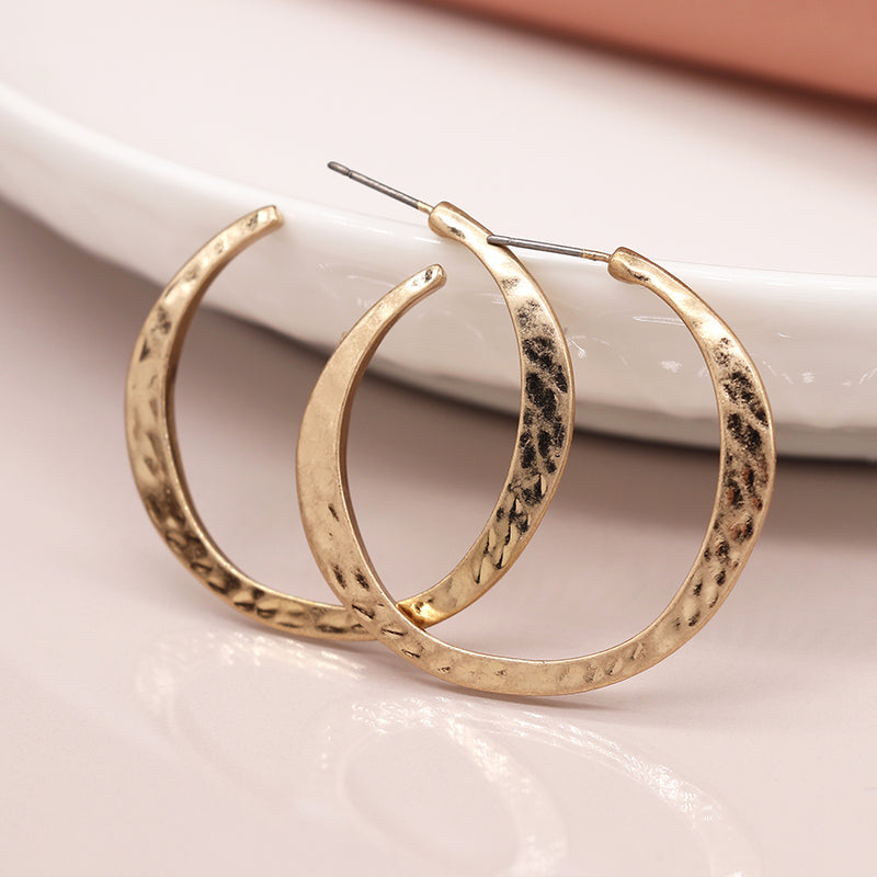 Worn Gold Hammered Open Hoop Earrings
