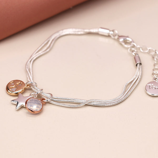 Silver Triple Chain Bracelet With Stars