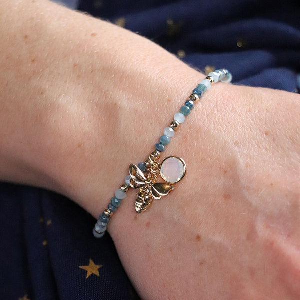 Blue Bead Bracelet With Gold Bee And Crystal