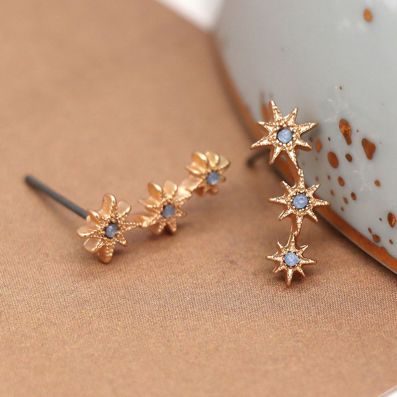 Golden Triple Star Earrings With Blue Crystals