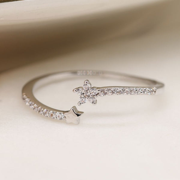 White Gold Plated Open Ring With Crystals And Stars