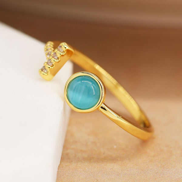 Gold Plated Open Crystal T-bar Ring With Blue Stone