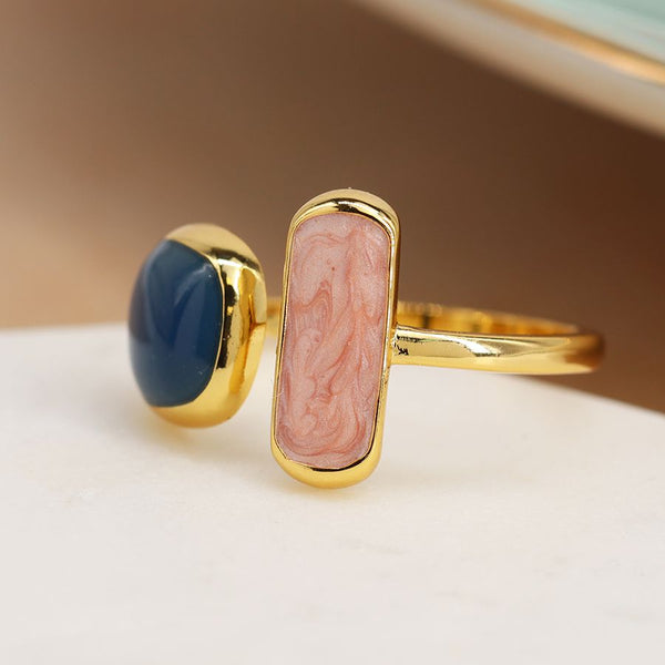 Gold Plated Asymmetric Ring With Blue And Pink Inset