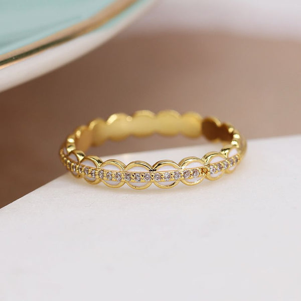 Gold Plated Deco Circle And Crystal Ring