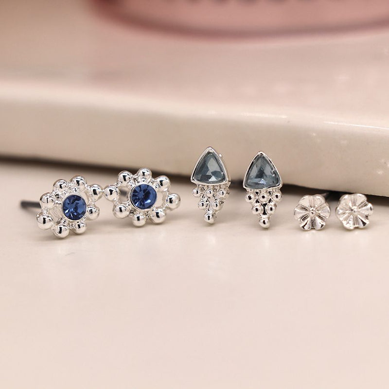 Silver Plated Triple Stud Set With Blue Crystal