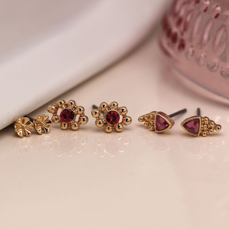 Gold Plated Triple Stud Set With Pink Crystal