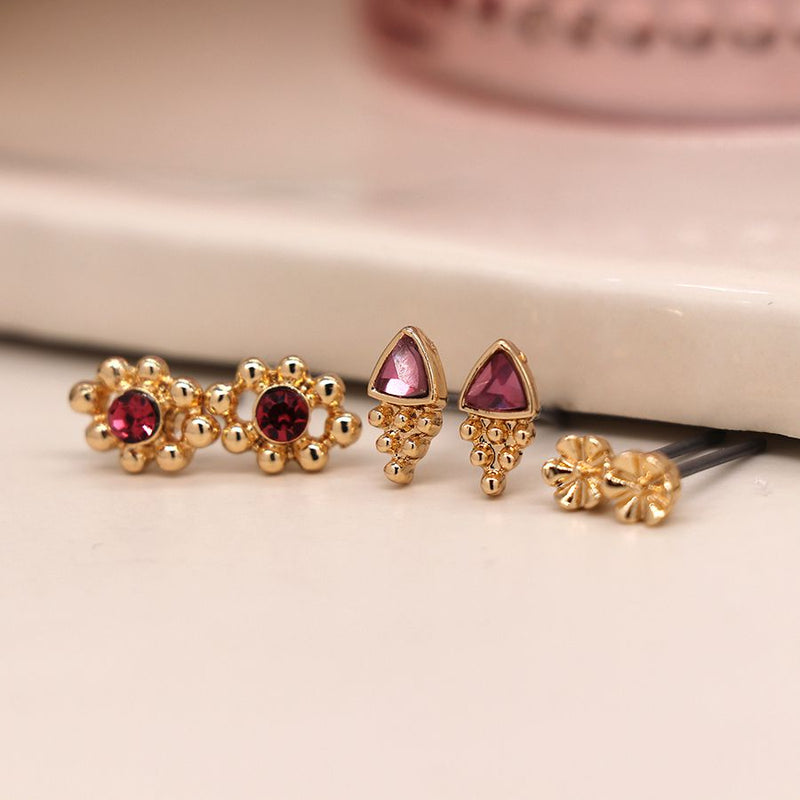 Gold Plated Triple Stud Set With Pink Crystal