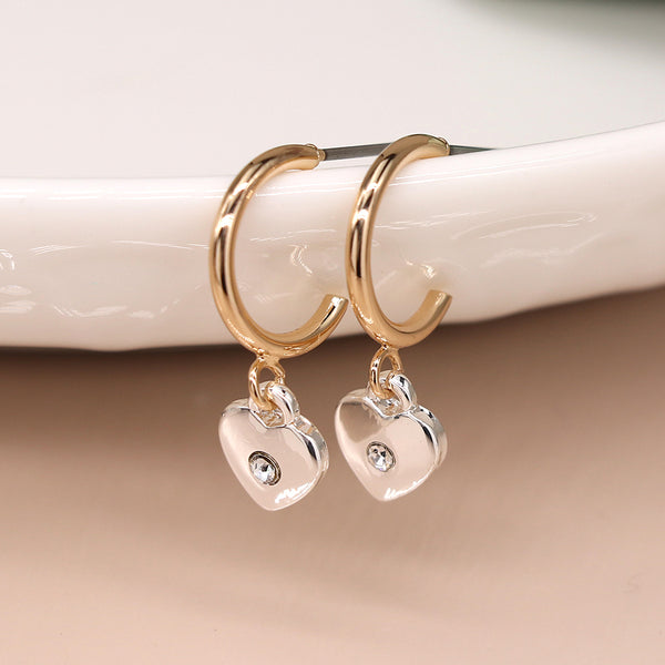 Golden Open Hoop Silver Crystal Heart Earrings
