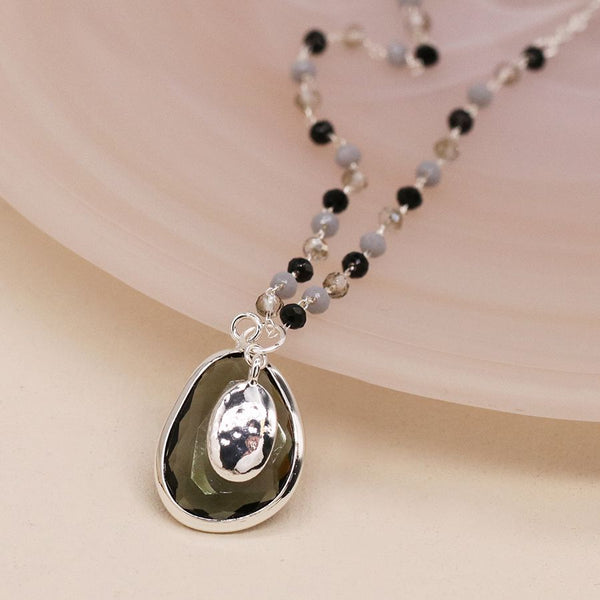 Smoky Beaded Chain Necklace With Smoky Crystal Pendant