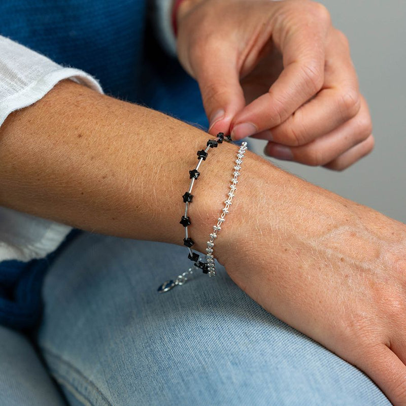 Silver Plated Double Layer Bracelet With Black Star Beas