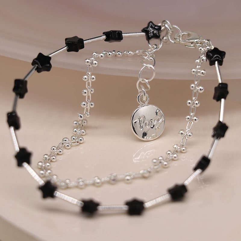 Silver Plated Double Layer Bracelet With Black Star Beas