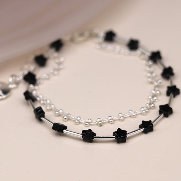 Silver Plated Double Layer Bracelet With Black Star Beas