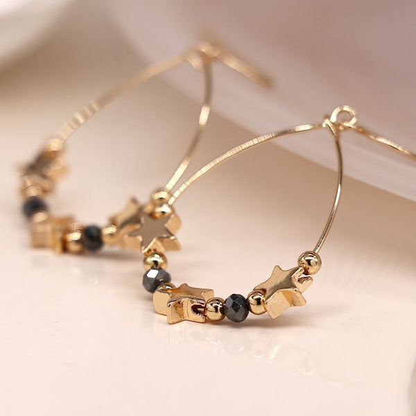 Gold Plated Stars & Black Bead Teardrop Earrings