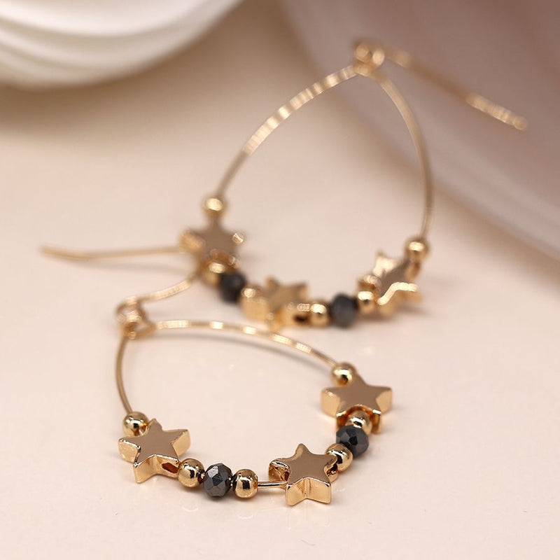 Gold Plated Stars & Black Bead Teardrop Earrings