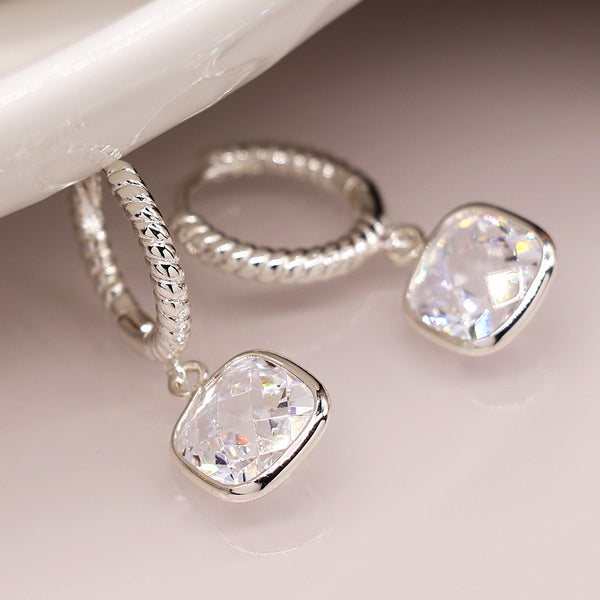 Silver Plated Hoop Earrings with Clear Crystal Drops