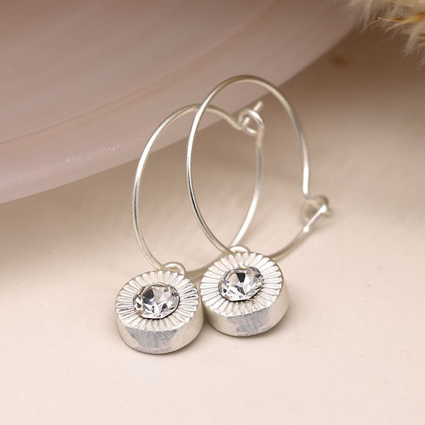 Silver Plated Fine Hoop Earrings With Crystal Drop