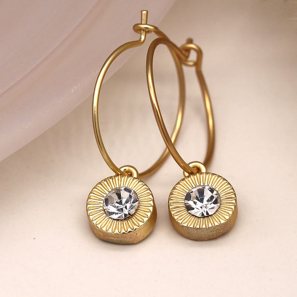 Gold Plated Fine Hoop Earrings With Crystal Drop