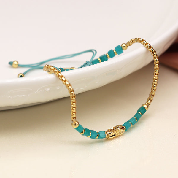 Aqua Bead and Gold Plated Chain adjustable Cord Bracelet