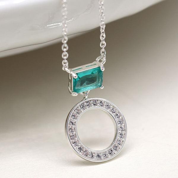 Silver Plated Crystal Circle & Aqua Crystal Necklace