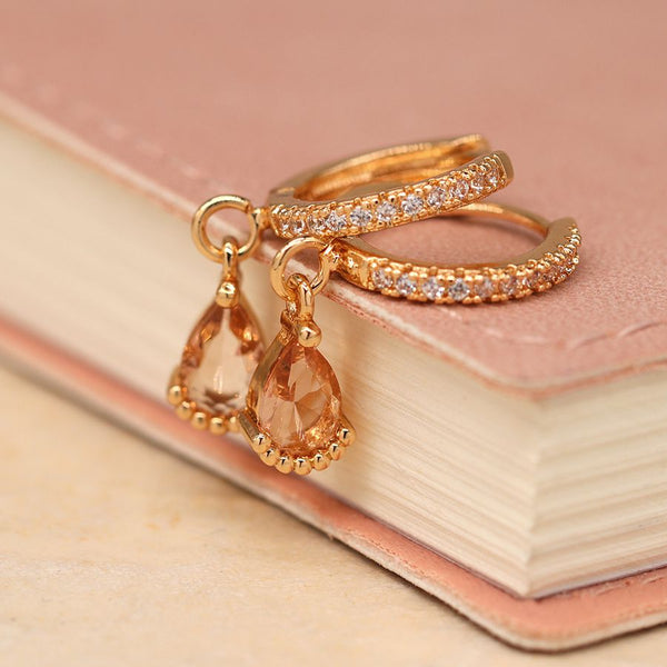 Golden Crystal Inset Hoop & Deco Crystal Fan Charm Earrings