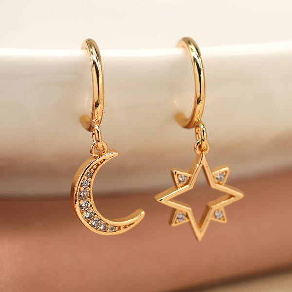 Golden Mismatched Crystal Star & Moon C-Hoop Earrings