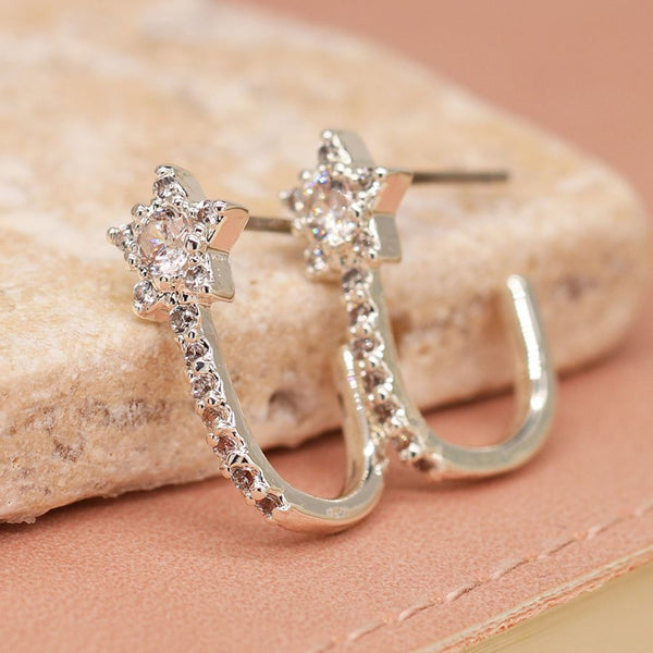Silver Plated Crystal Flower Cuff Earrings