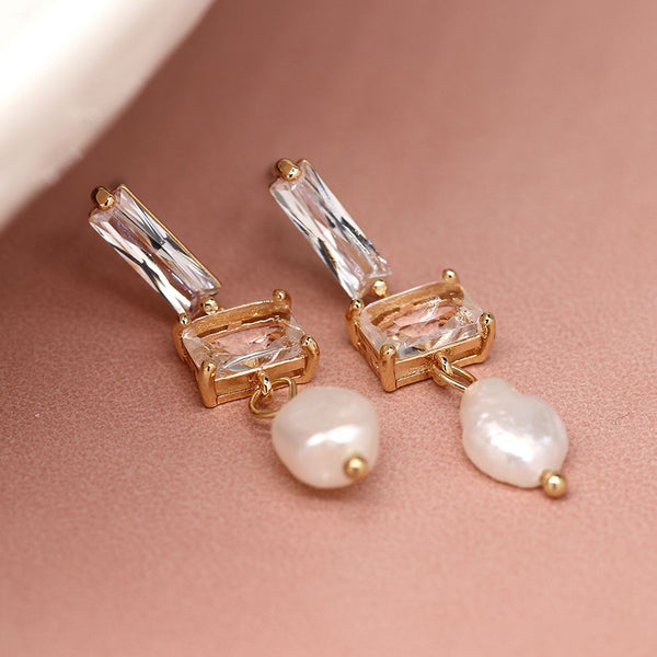 Golden Crystal & Pearl Drop Earrings