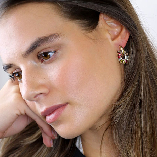Golden Hoop & Multicoloured Crystal Flower Charm Earrings