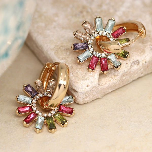 Golden Hoop & Multicoloured Crystal Flower Charm Earrings