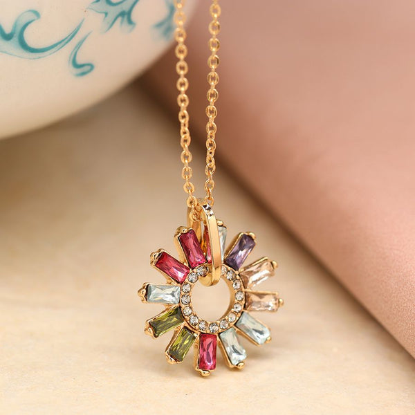 Golden & Multicoloured Crystal Flower Charm Necklace