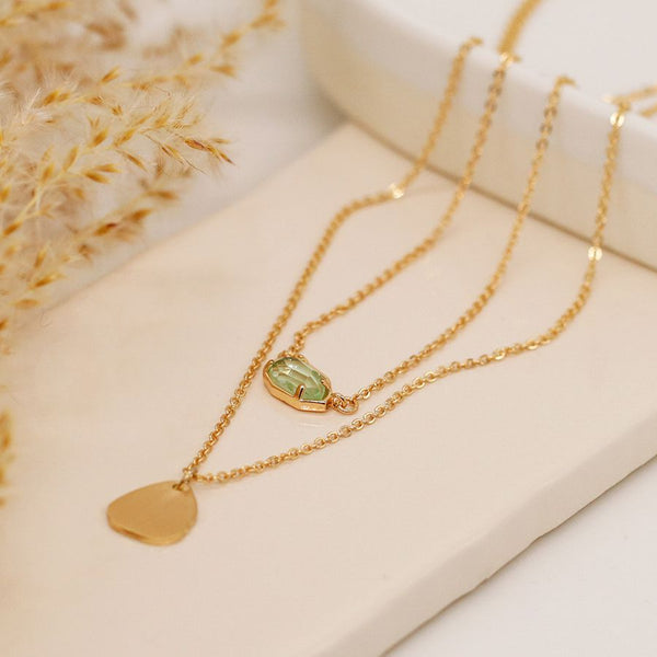 Golden Brushed Organic Drop & Aqua Crystal Double Layer Necklace