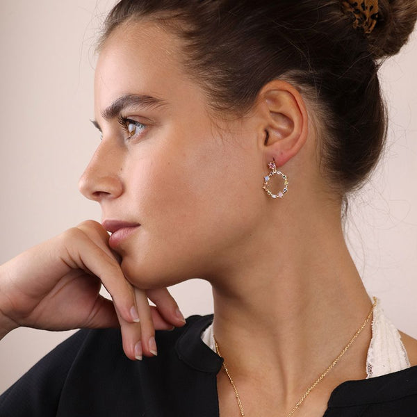 Golden Decorative Circle Earrings With Mixed Crystals