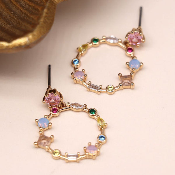 Golden Decorative Circle Earrings With Mixed Crystals