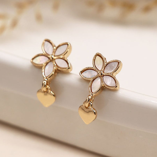 Golden Shell Inset Flower & Heart Charm Earrings