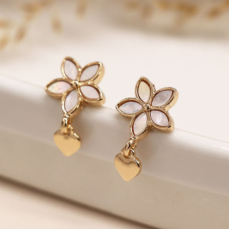 Golden Shell Inset Flower & Heart Charm Earrings