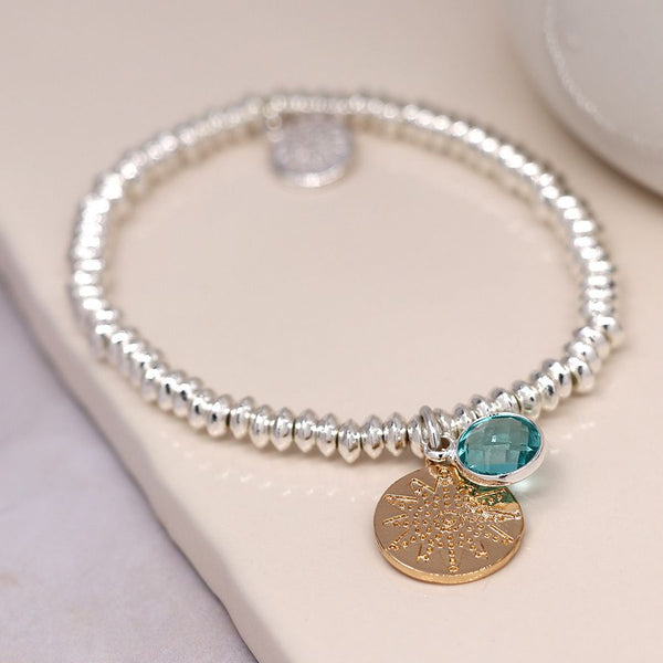 Silver Plated Bracelet With Gold Disc & Aqua Crystal