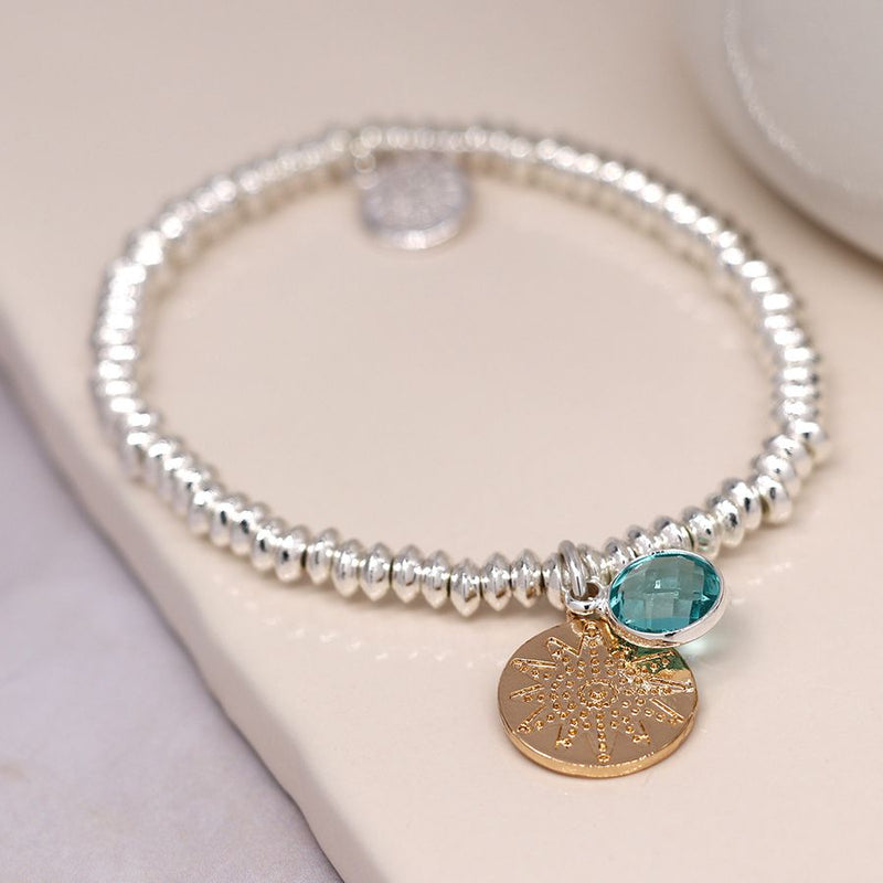 Silver Plated Bracelet With Gold Disc & Aqua Crystal