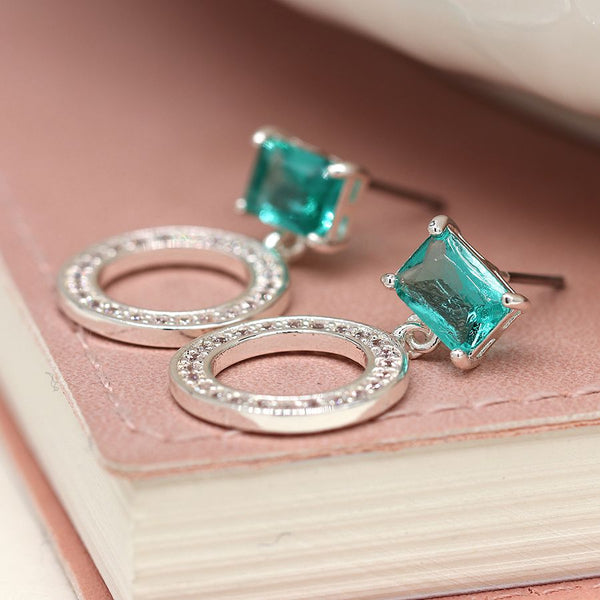 Silver Plated Crystal Circle & Aqua Crystal Earrings