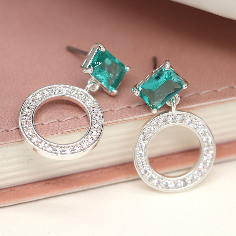 Silver Plated Crystal Circle & Aqua Crystal Earrings