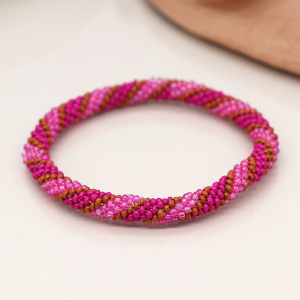 Bright Pink & Tan Twist Bead Bracelet
