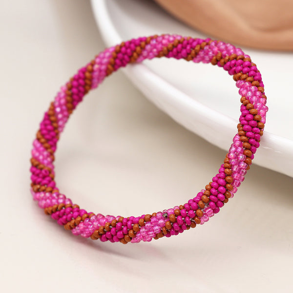 Bright Pink & Tan Twist Bead Bracelet