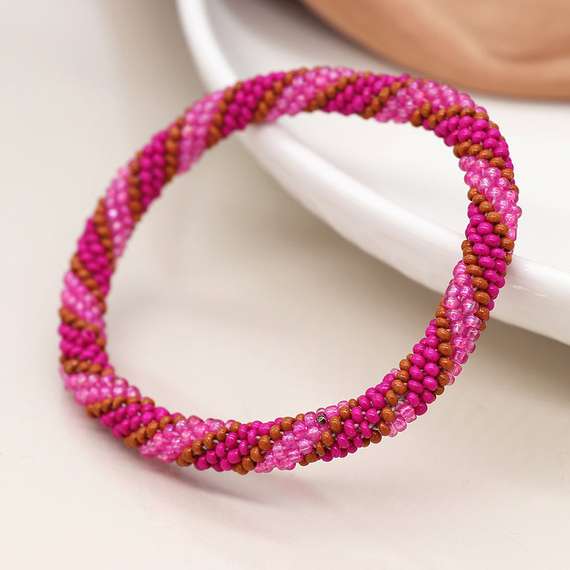 Bright Pink & Tan Twist Bead Bracelet