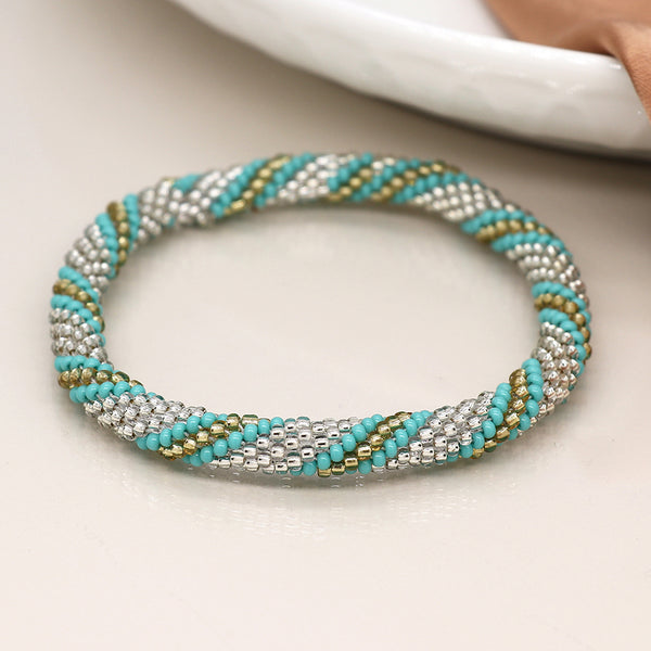 Aqua & Metallic Twist Bead Bracelet