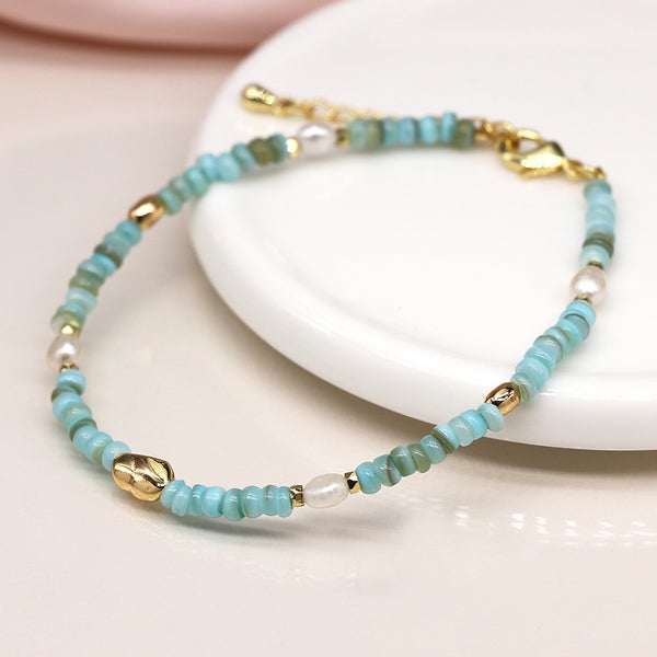 Aqua, Pearl & Gold Bead Bracelet