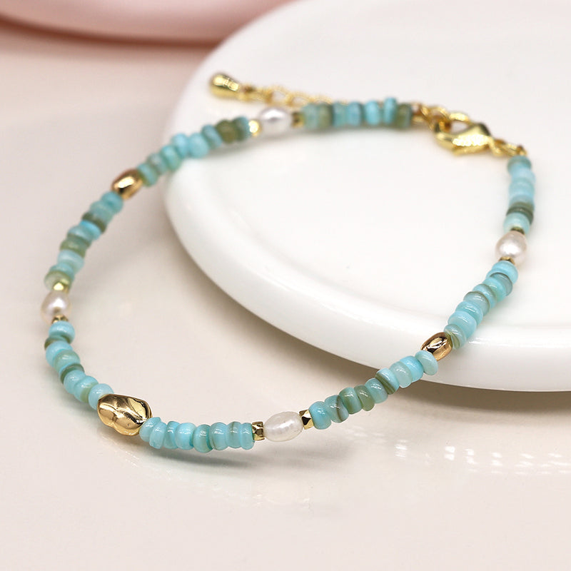 Aqua, Pearl & Gold Bead Bracelet