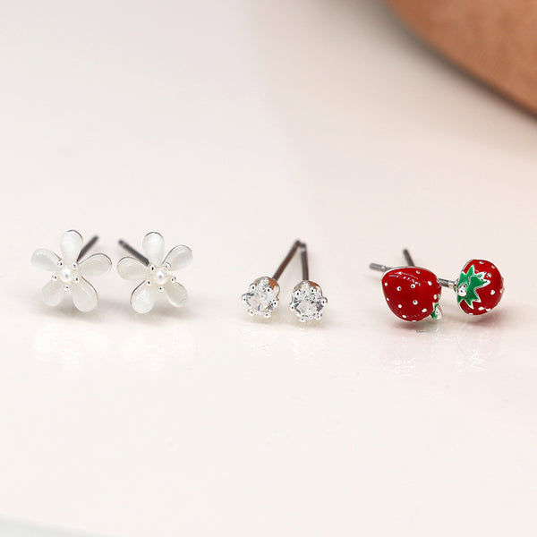 Silver Plated Strawberries and Flowers Studs