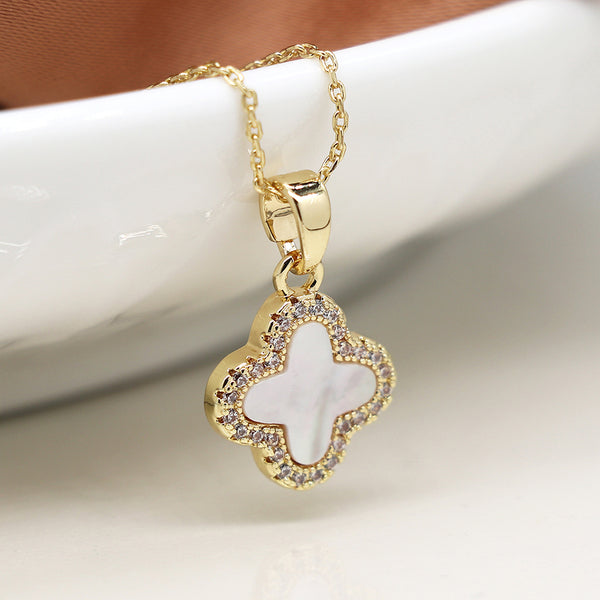 Golden Crystal Edged Quatrefoil Necklace