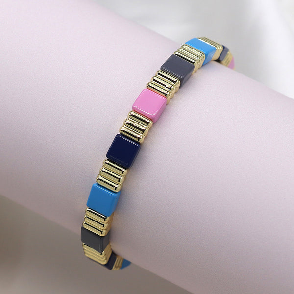Blue/Pink Mix Square Bead Bracelet with Gold Colour Spacers