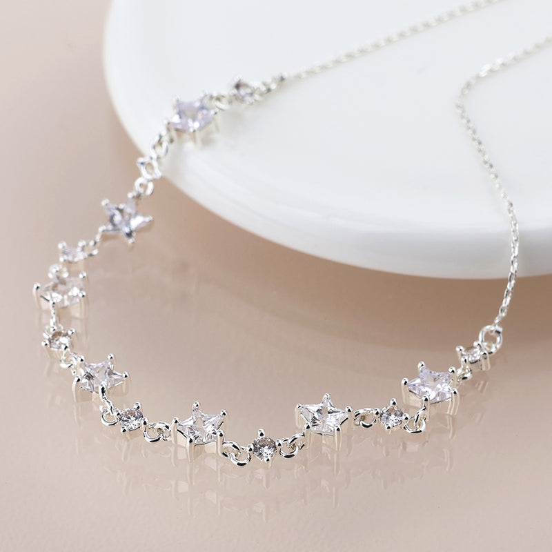 Silver Plated Crystal Star Linked Station Necklace
